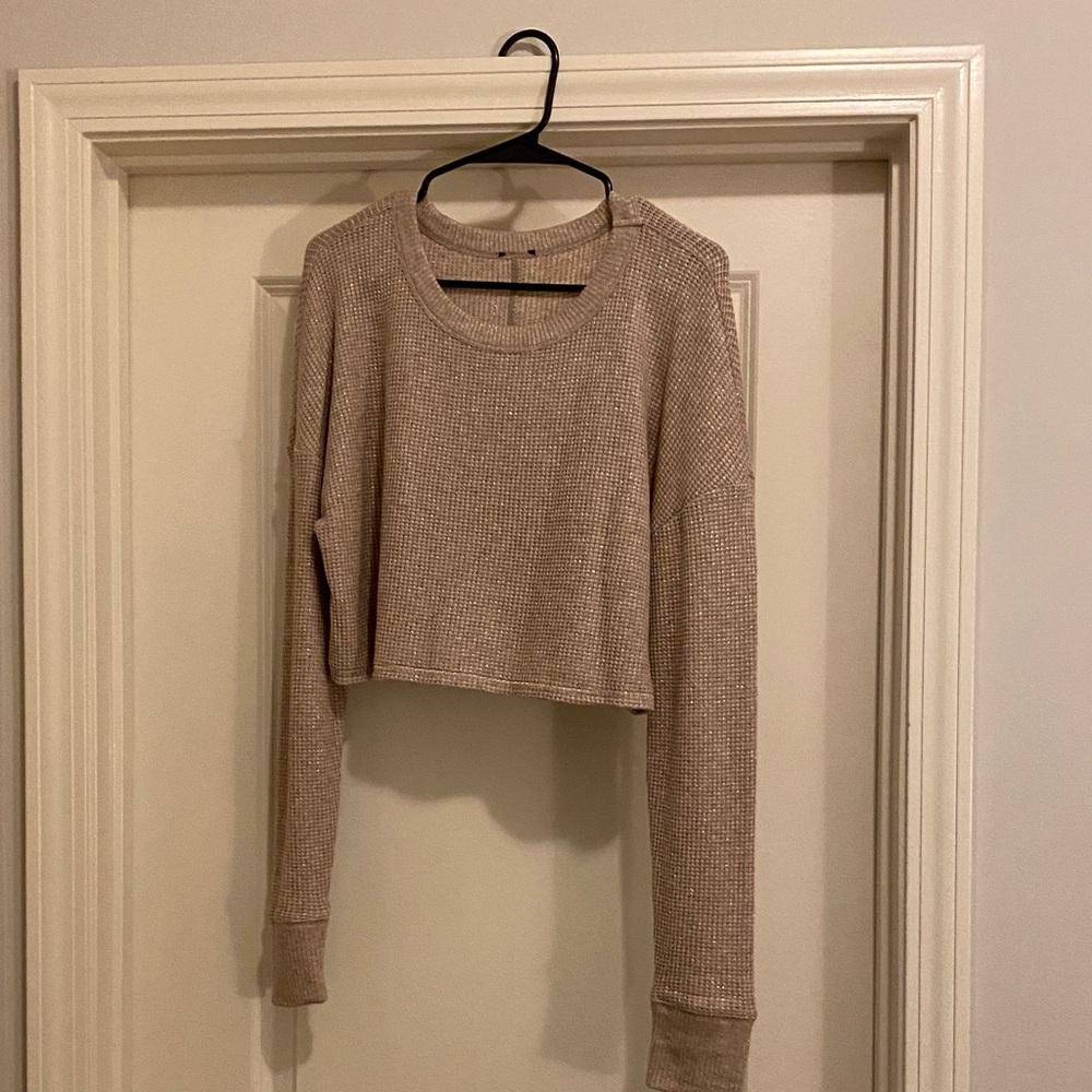 Express Glitter Waffle Crew Neck Long Sleeve Boyfriend Tee